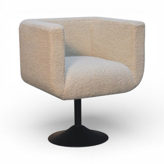 Beige textured armchair with a black base on a white background