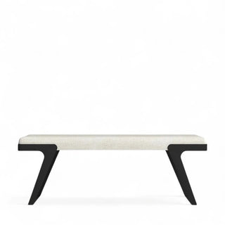 Overhead view of white boucle bench displaying the rectangular seating surface and metal base