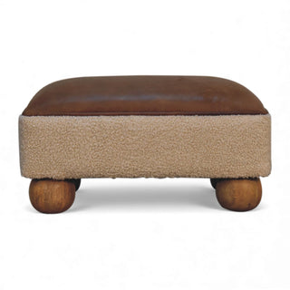 Square ottoman with brown top and beige sides on a white background