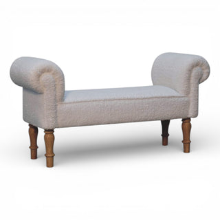 Light gray upholstered bench with wooden legs on a white background