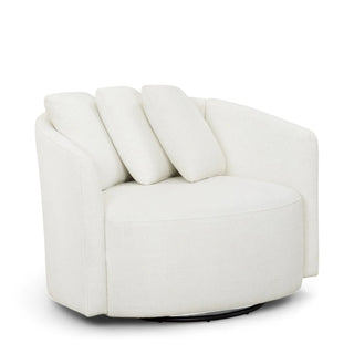 White boucle swivel chair with rounded silhouette and three accent pillows