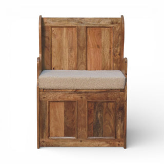 Brown and beige ottoman with wooden legs on a white background