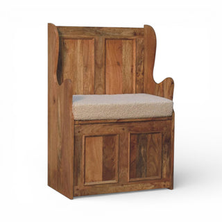 Wooden bench with a cushion on a white background