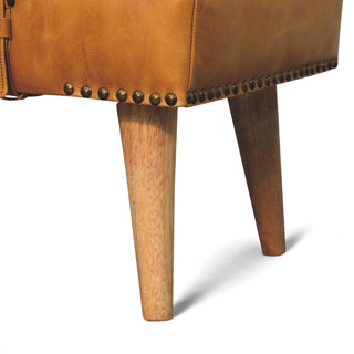 Close-up of a brown leather chair with wooden legs on a white background
