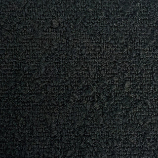 Close-up of black tweed fabric displaying dense weave with subtle texture.