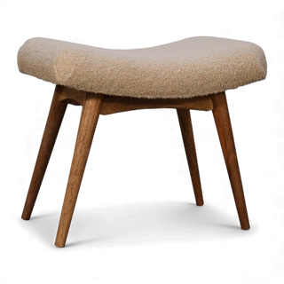 Rear view of the Bouclé Bench Cream Curved Nordic showing the curved seat profile and splayed wooden legs.


