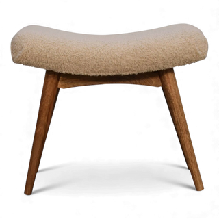 Front view of the Bouclé Bench Cream Curved Nordic showing the curved seat and tapered wooden legs on a white background.