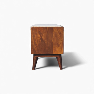 End view of the Bouclé Bench Cream Nordic Storage showing the narrow profile, solid wooden side panel, and tapered leg design.

