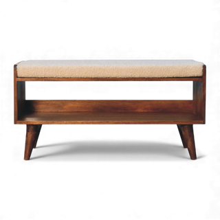 Front view of the Bouclé Bench Cream Nordic Storage showing the cream bouclé seat, open lower storage shelf, and tapered wooden legs on a white background.

