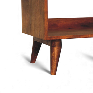 Close-up of the Bouclé Bench Cream Nordic Storage highlighting the tapered wooden leg and lower corner of the storage frame.

