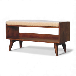 Three-quarter front view of the Bouclé Bench Cream Nordic Storage showing the full bench, open storage compartment, and cushioned bouclé top.

