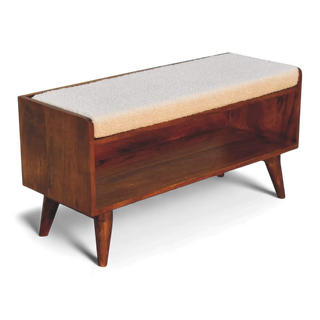 Three-quarter angled view of the Bouclé Bench Cream Nordic Storage from the right side showing the open shelf and cream bouclé cushion.

