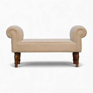 Front view of the Bouclé Bench Cream Turned-Leg Classic showing the full seat, rolled arms, and wooden turned legs on a white background.