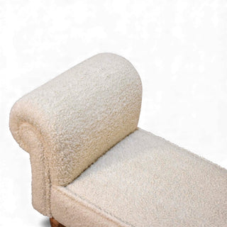 Top angled view of the Bouclé Bench Cream Turned-Leg Classic highlighting the curved rolled arm and cream bouclé upholstery.