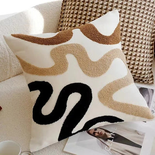 Beige Wave Bouclé Throw Pillow Cover with Black Accent – 18×18
