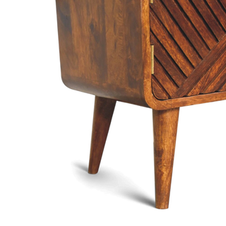 Rear angled view of dark wooden storage bench with sleek mid-century legs.