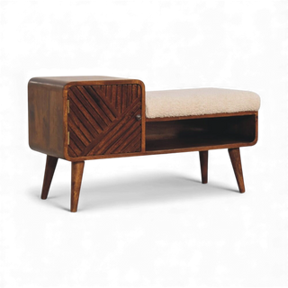 Right side view of handcrafted dark wood hallway bench with tapered legs and fabric seat.