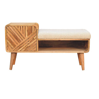 Front view of modern wooden storage bench with beige cushion seat and open shelf.